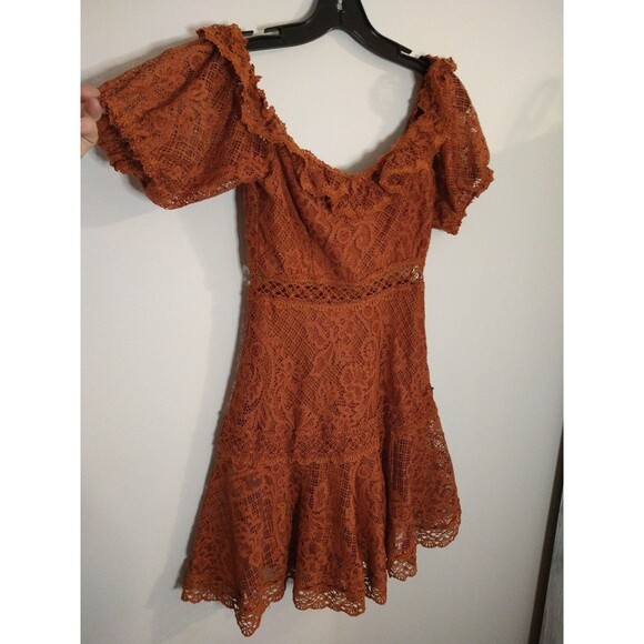 Franco Lace Puff Sleeve off the shoulder mini dress Sm Boho Feminine Cottage Cor - Picture 6 of 12